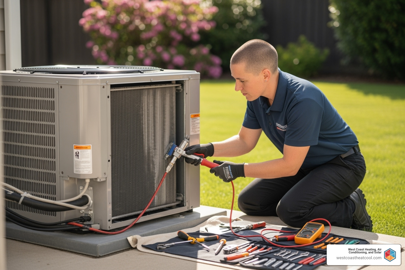 Technician performing an AC tune-up - AC drain line clog