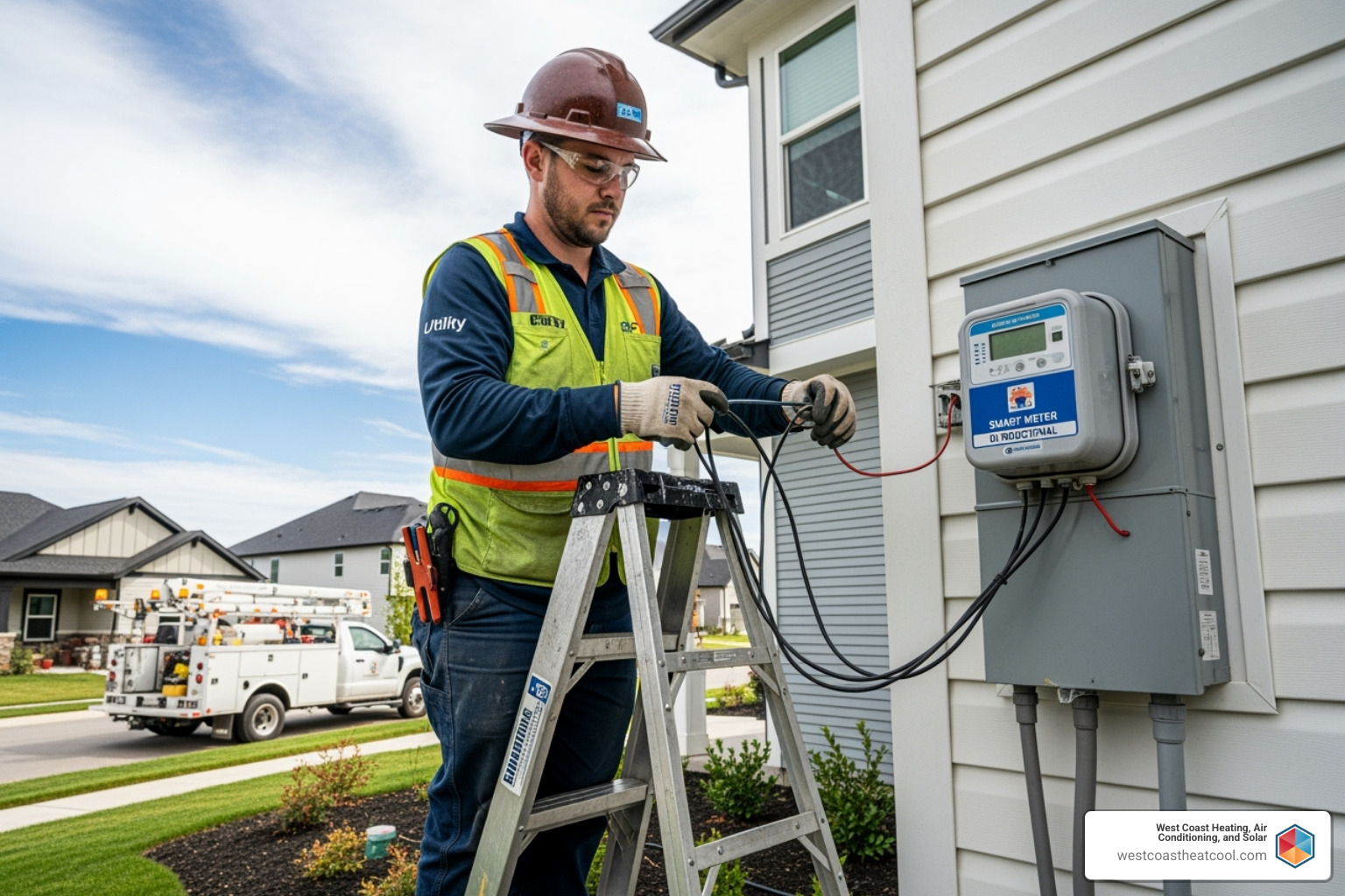 utility worker installing a new bi-directional meter - solar panel installation process