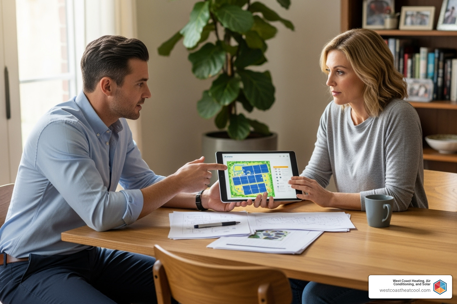 solar consultant reviewing plans with a homeowner - solar panel installation process