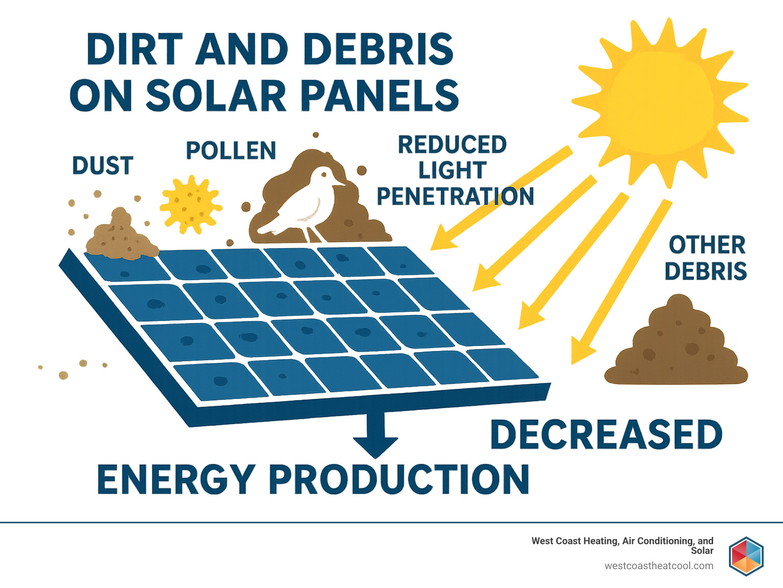 infographic showing how dust, pollen, bird droppings, and other debris accumulate on solar panel surfaces, blocking sunlight from reaching photovoltaic cells underneath, with arrows indicating reduced light penetration and decreased energy production - does cleaning solar panels make a difference infographic 