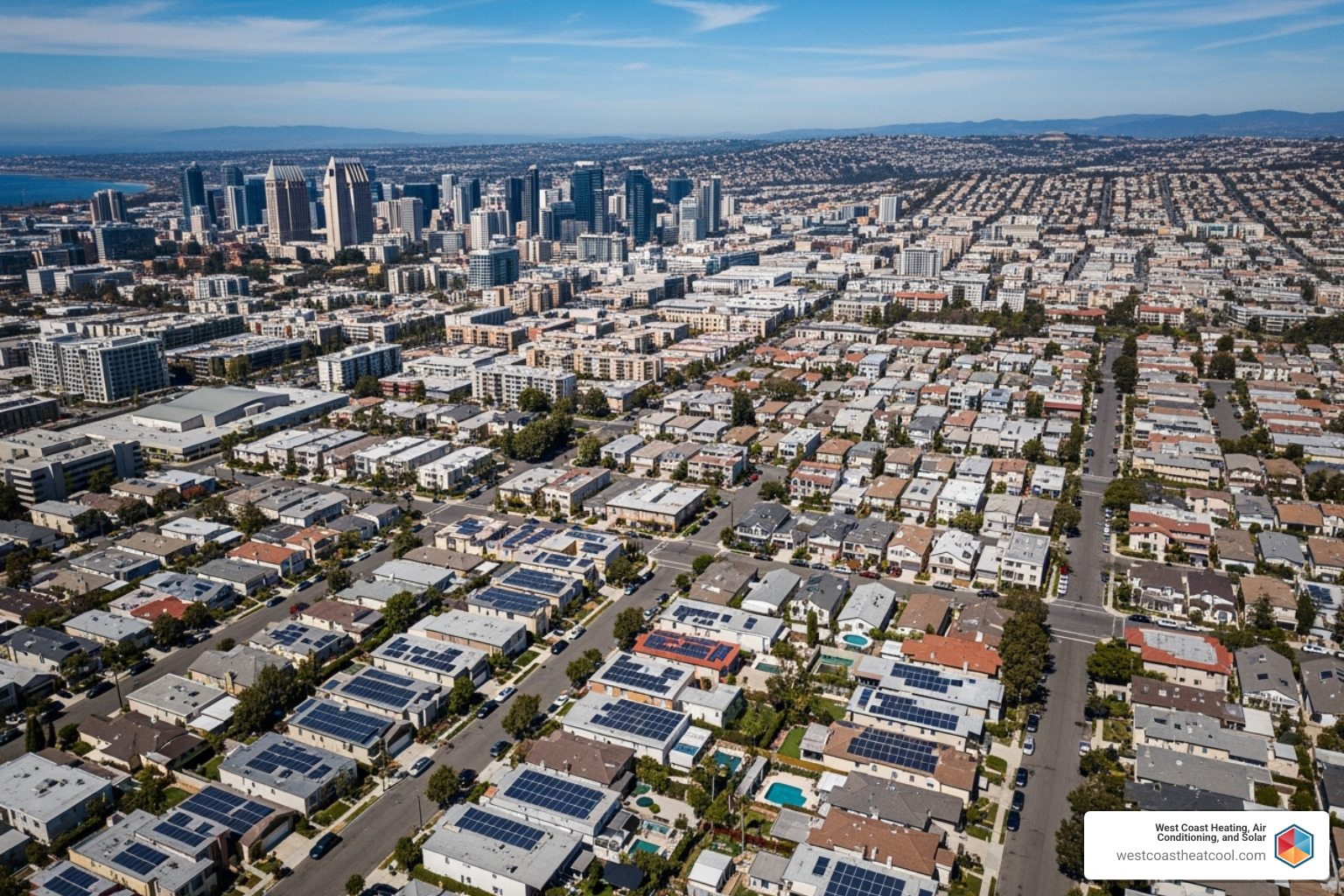 sunny San Diego skyline with residential rooftops - list of solar panel installer in san diego