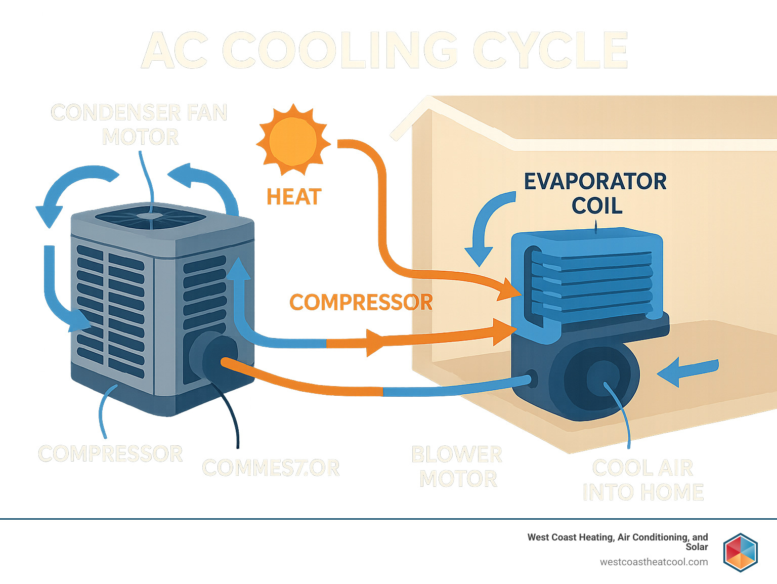 Infographic showing the AC cooling cycle with condenser fan motor circulating air over outdoor coils to release heat, compressor pumping refrigerant, and indoor evaporator coil cooling air that's blown into the home by the blower motor - AC fan motor repair infographic 