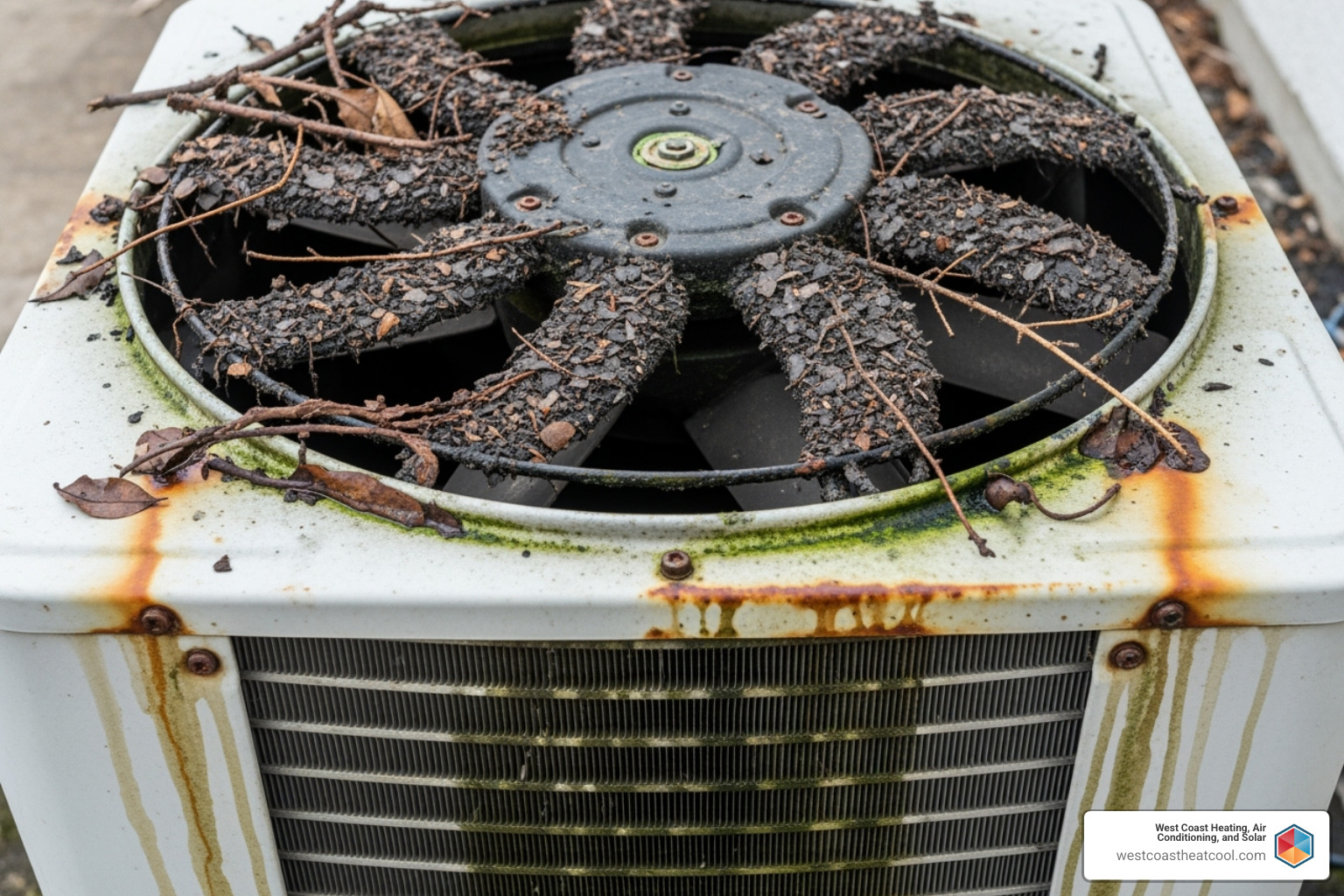 A dirty and clogged AC condenser unit - AC fan motor repair