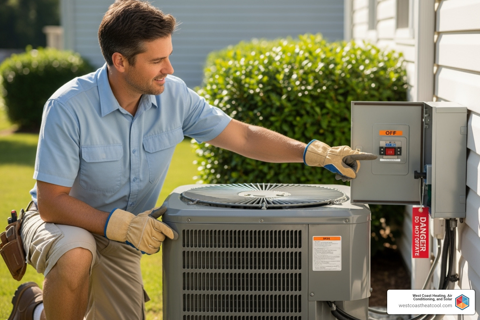 A homeowner safely inspecting their outdoor AC unit - AC fan motor repair