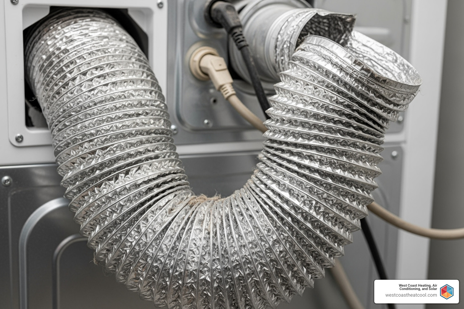 crushed or disconnected flexible dryer vent hose behind a dryer - dryer vent repair San Diego