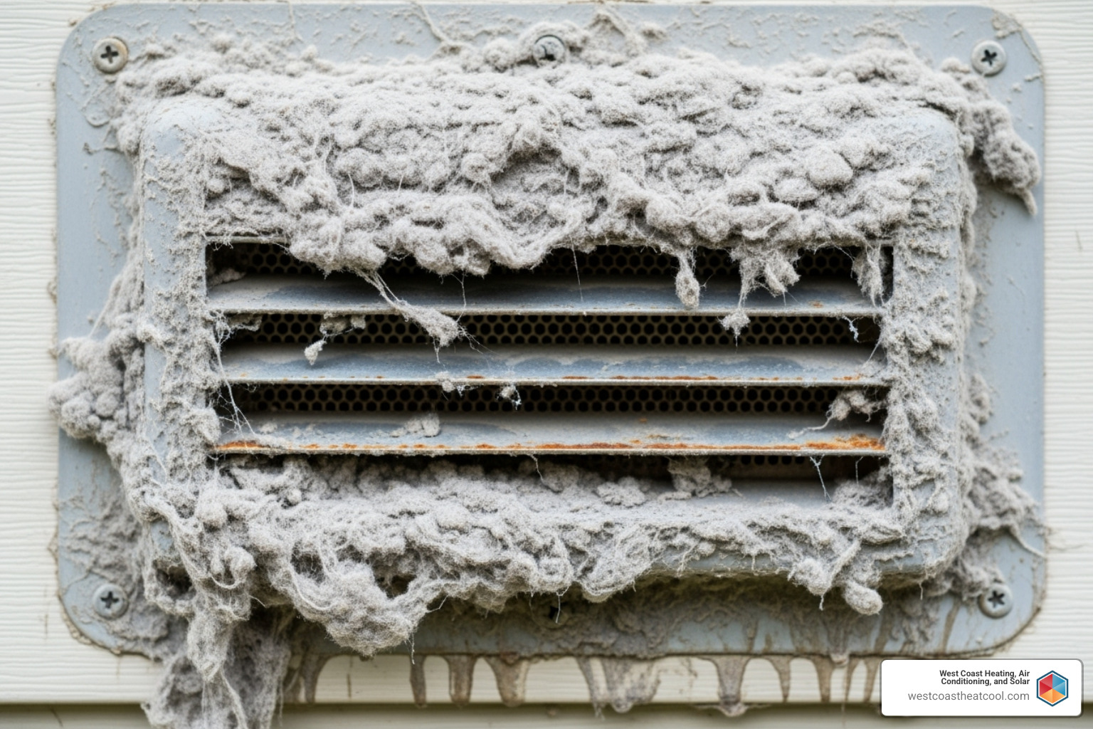 excessive lint around an exterior dryer vent - dryer vent repair San Diego