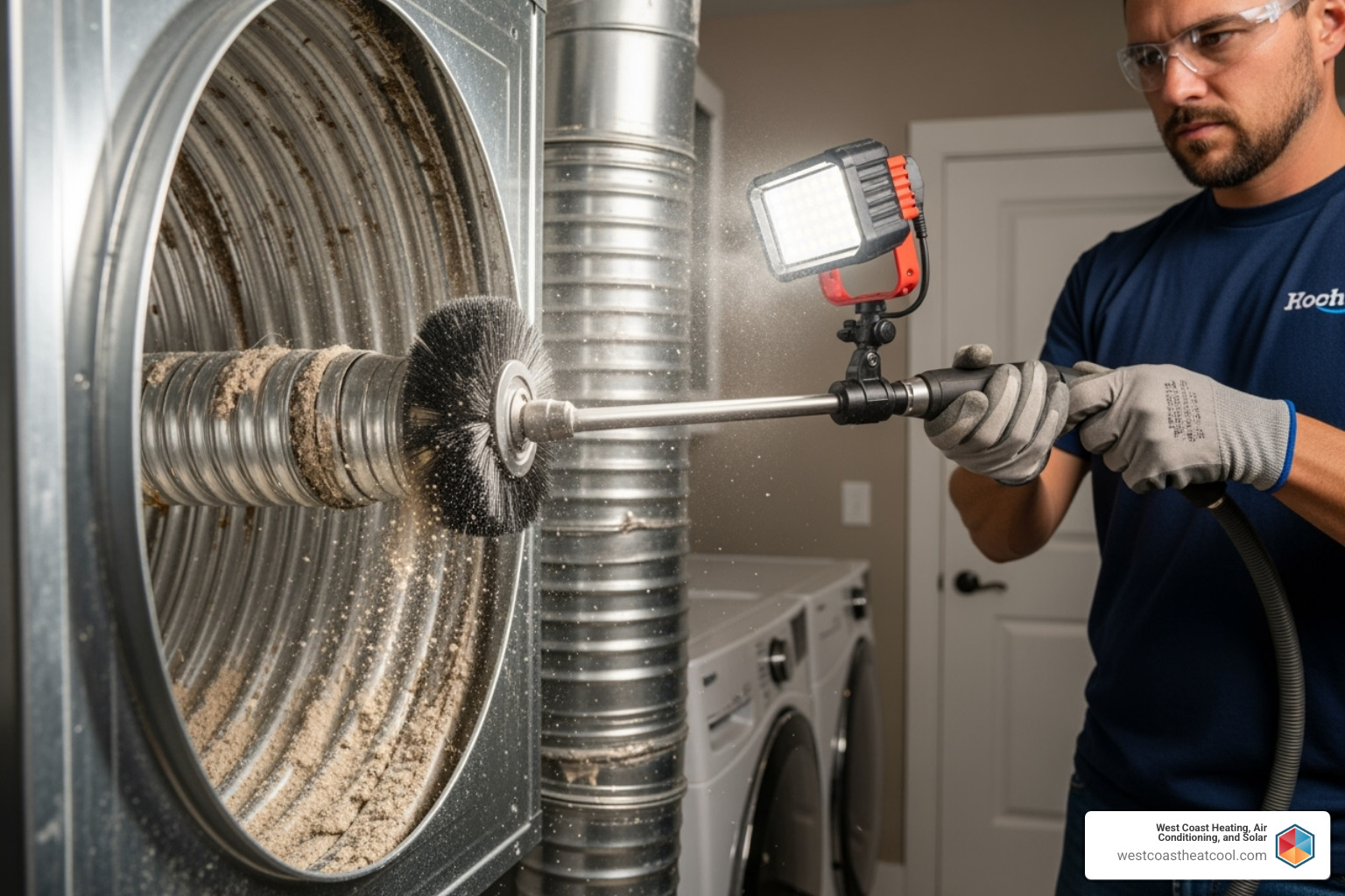 technician using a specialized rotary brush inside a vent duct - dryer vent repair San Diego