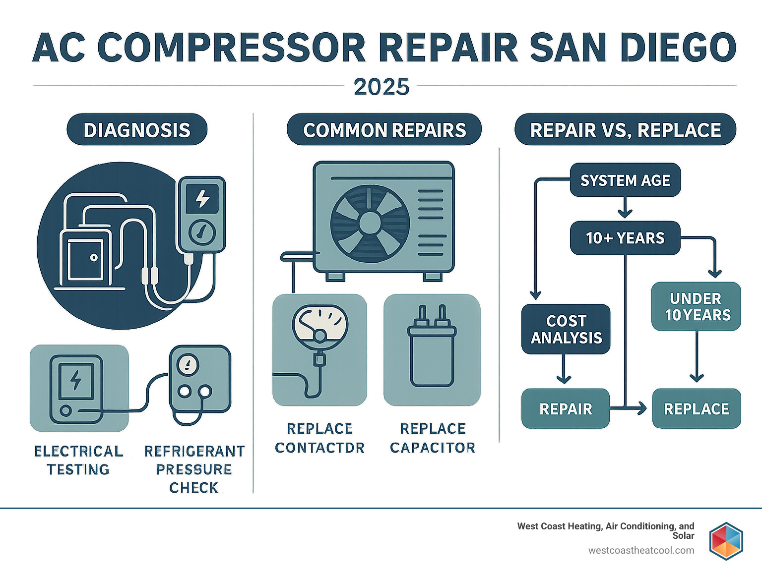 Detailed infographic showing AC compressor repair process in San Diego: diagnostic steps including electrical testing and refrigerant pressure checks, common repair procedures like replacing contactors and capacitors, and decision flowchart for repair versus replacement based on system age and cost analysis - compressor repair San Diego infographic 
