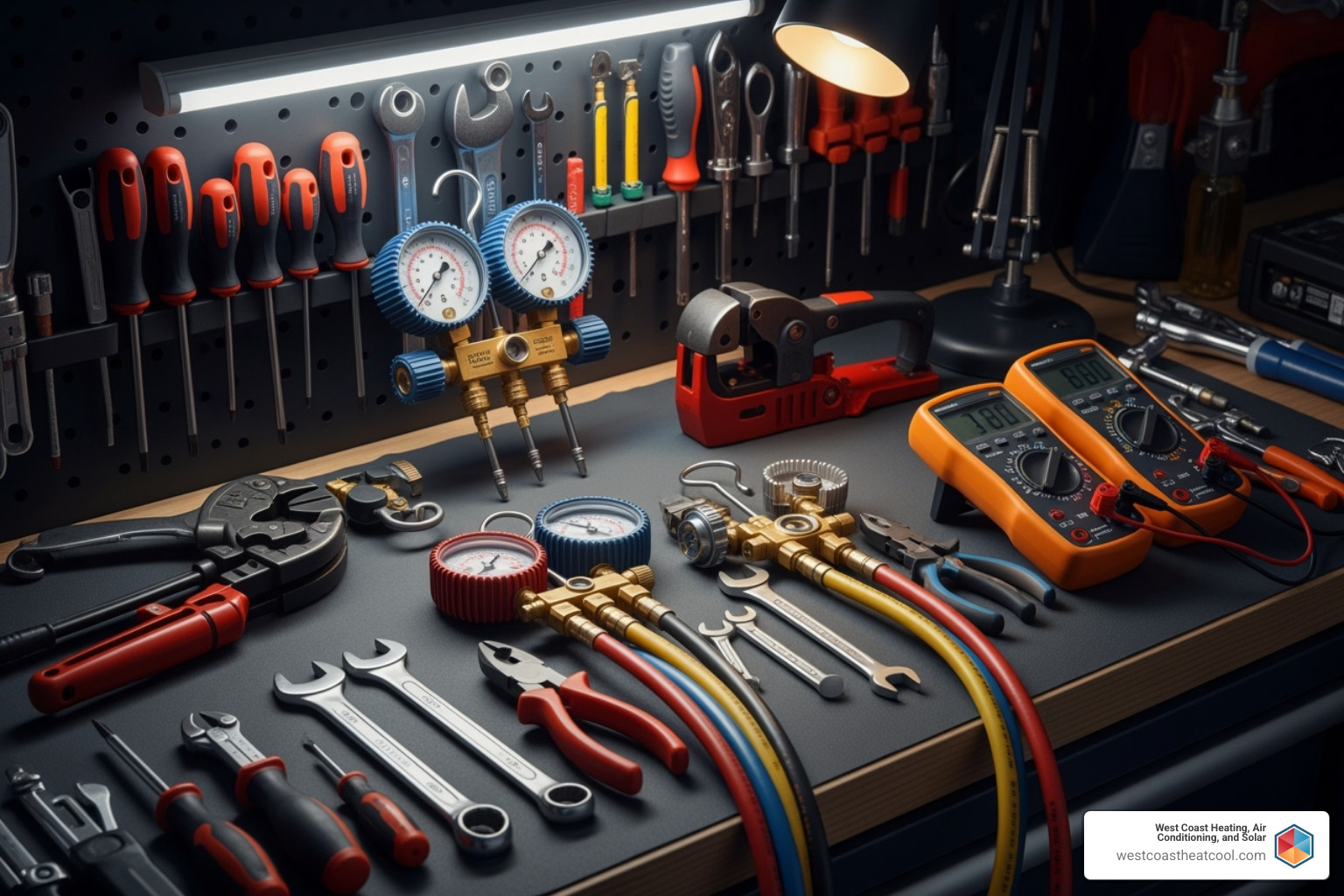 HVAC maintenance tools including pressure gauges, multimeters, wrenches, and screwdrivers on a workbench, emphasizing the importance of professional HVAC tune-ups for system efficiency and longevity.