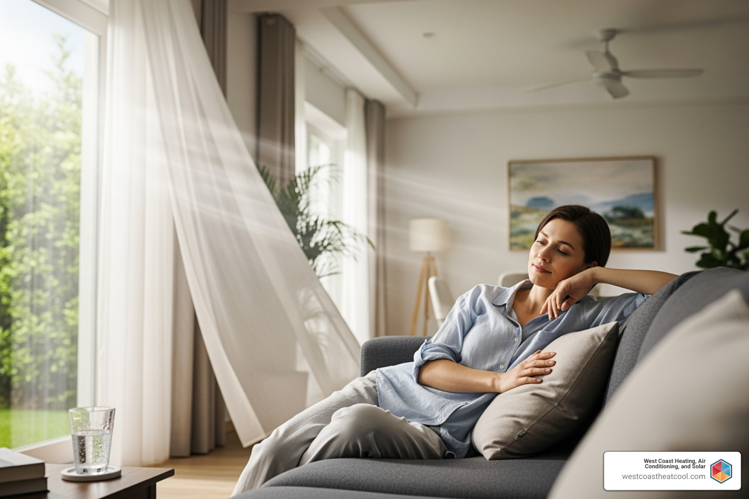 Woman relaxing on a sofa in a well-lit living room, enjoying comfort and tranquility, emphasizing the benefits of HVAC maintenance for improved air quality and home comfort.