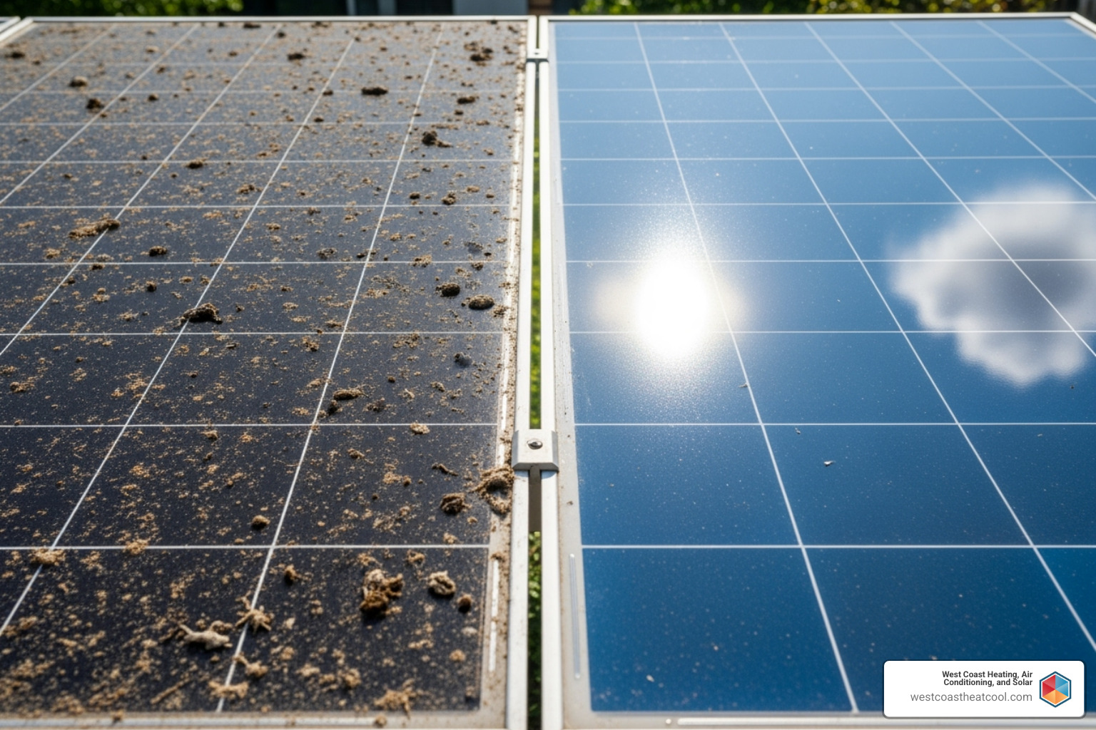 A dirty solar panel next to a clean one, showing a clear difference - solar panel cleaning san diego