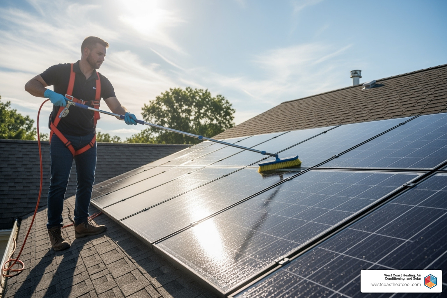 A professional technician safely cleaning solar panels on a roof - solar panel cleaning san diego
