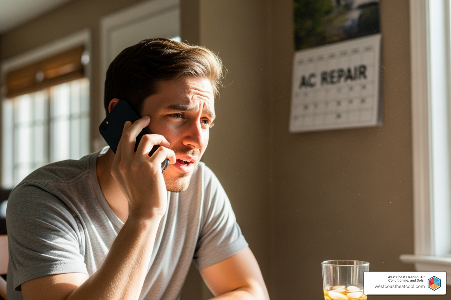 A person on the phone, looking relieved, scheduling an AC repair service - Same day AC repair