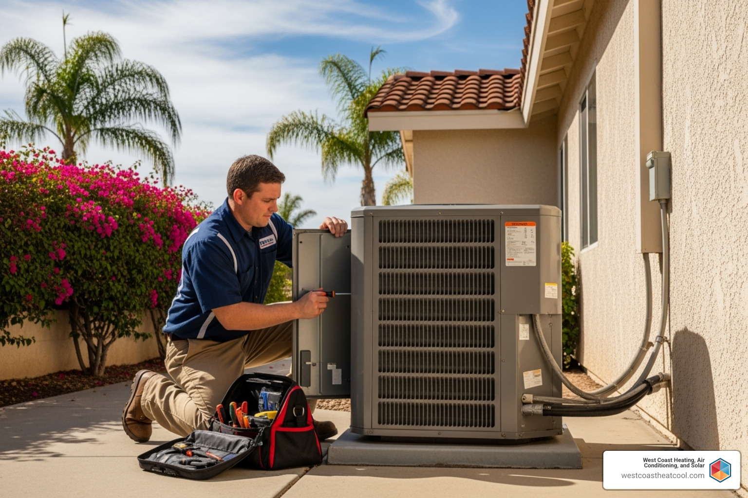 technician inspecting an outdoor AC unit - san diego air conditioning repair