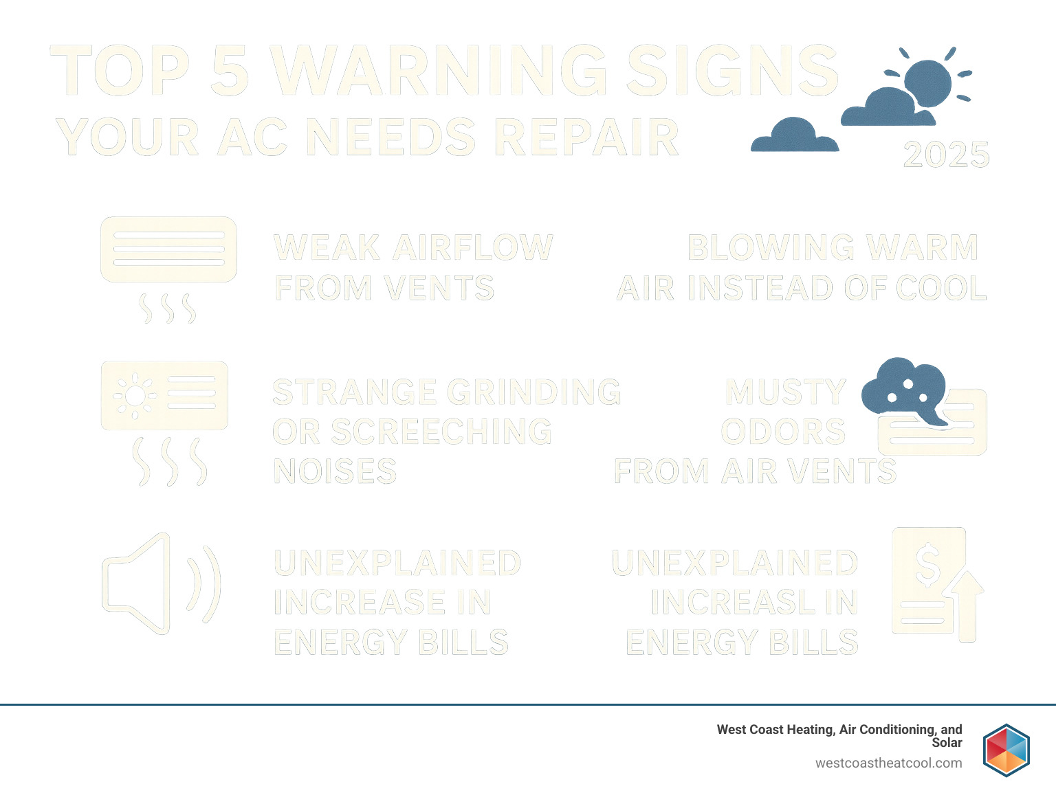 Infographic showing the top 5 warning signs your AC needs repair: weak airflow from vents, blowing warm air instead of cool, strange grinding or screeching noises, musty odors from air vents, and unexplained increases in energy bills - san diego air conditioning repair infographic 