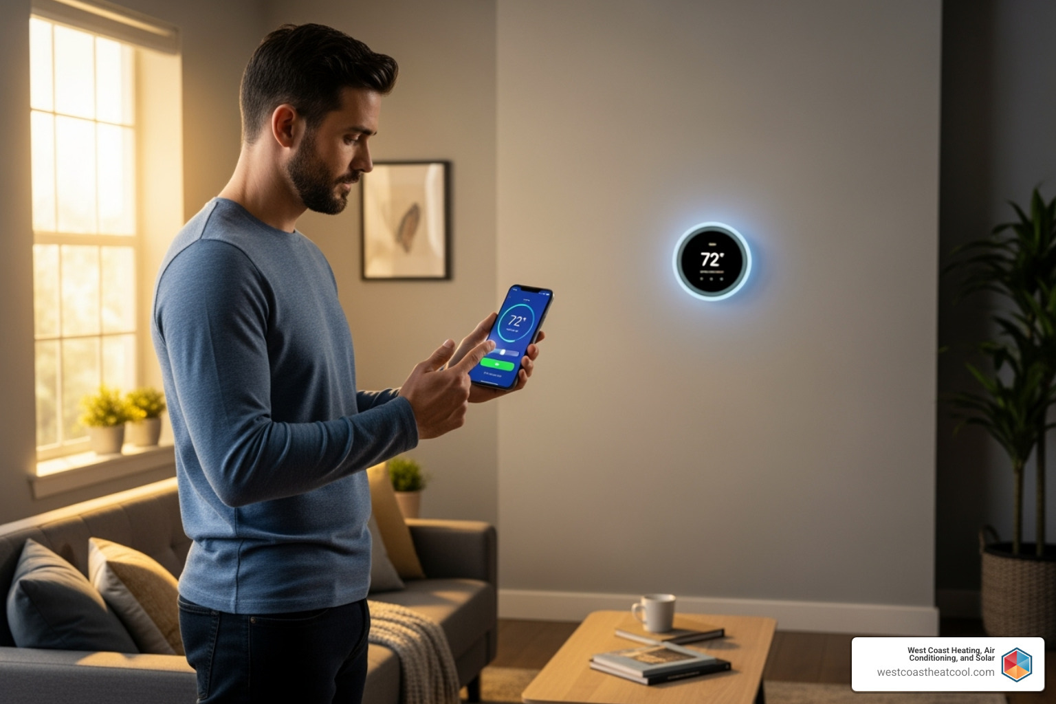 Image of a homeowner adjusting a smart thermostat on their phone - Energy efficient HVAC