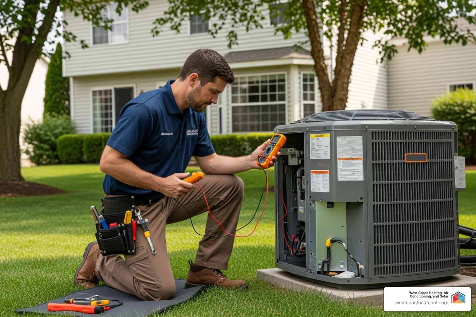 technician inspecting an outdoor AC unit - San Diego HVAC services