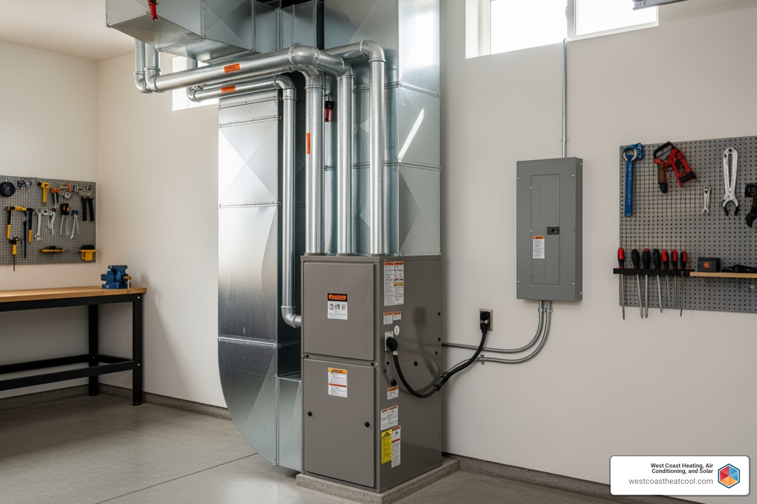 clean, newly installed HVAC system in a garage - San Diego HVAC services