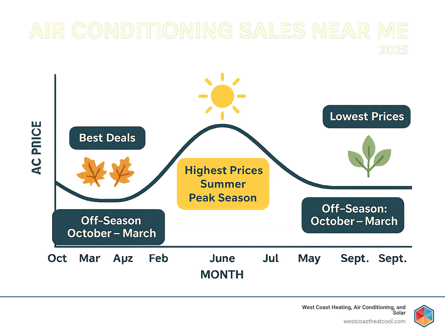 Infographic showing seasonal AC pricing trends with lowest prices in fall and spring months, highest prices in summer peak season, and best deals during off-season periods from October through March - air conditioning sales near me infographic 