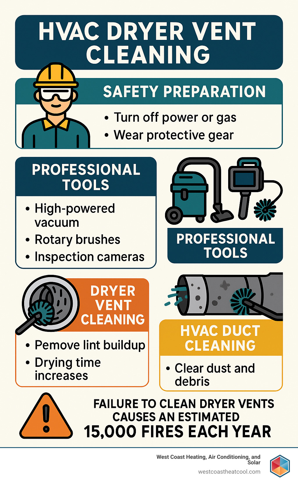 infographic showing the step-by-step process of cleaning dryer vents and HVAC ducts, including safety preparation, tool requirements, cleaning techniques for both systems, warning signs that indicate cleaning is needed, and statistics about fire risks from clogged dryer vents - Hvac dryer vent cleaning infographic
