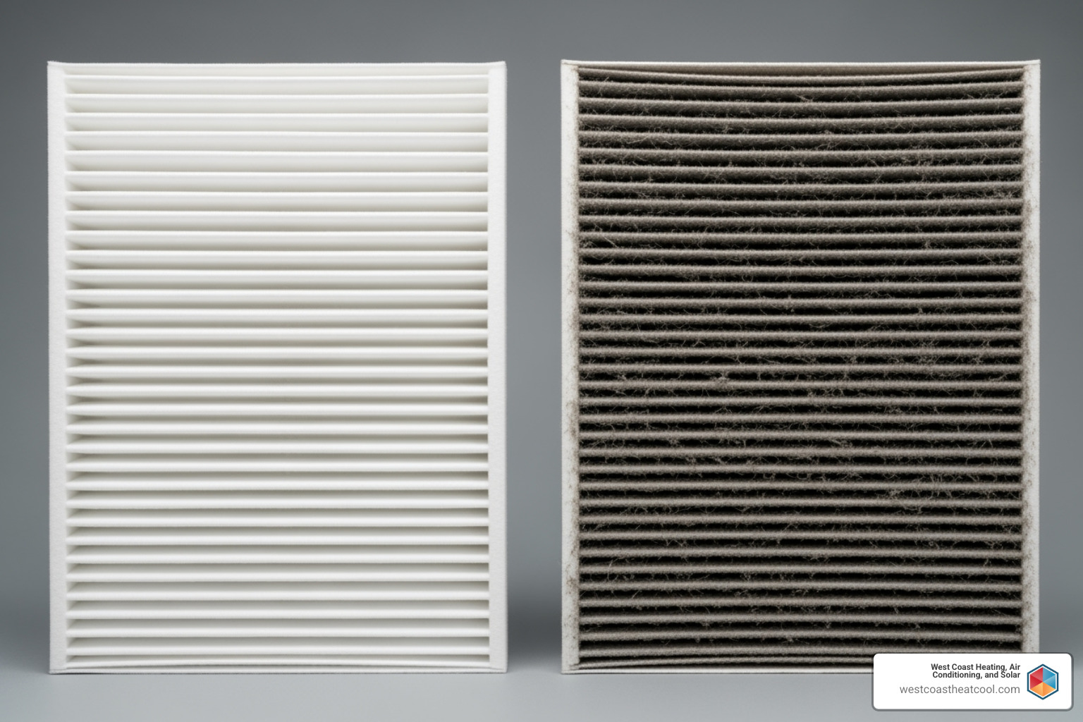 Image comparing a clean AC air filter to a dirty, clogged one - Preventative AC maintenance