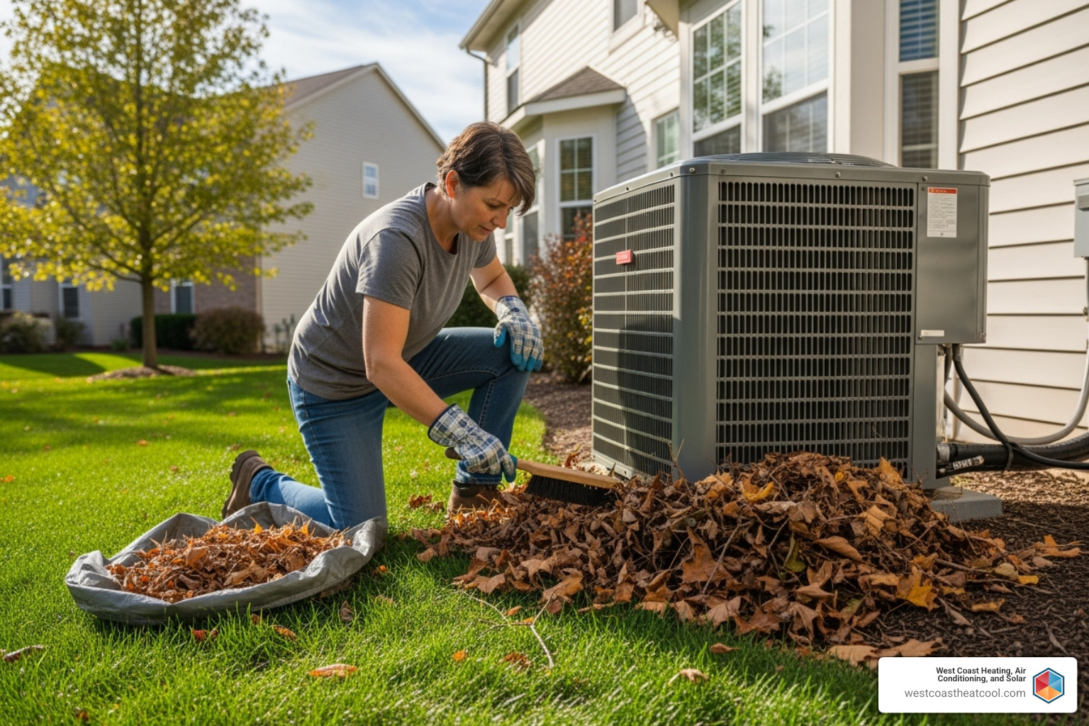 Image of a homeowner clearing debris from around an outdoor condenser unit - Preventative AC maintenance