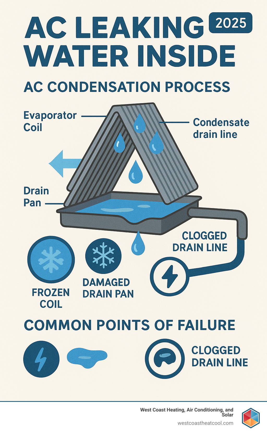 Infographic showing AC condensation process with evaporator coil, drain pan, and condensate drain line with common failure points highlighted - AC leaking water inside infographic