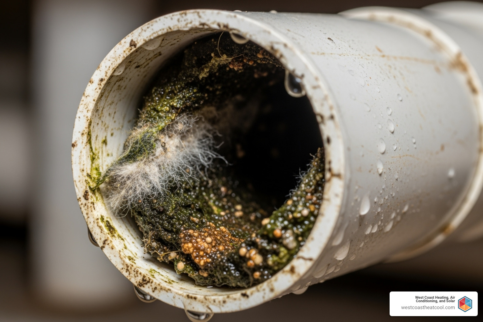 Clogged AC condensate drain line with visible debris - AC leaking water inside