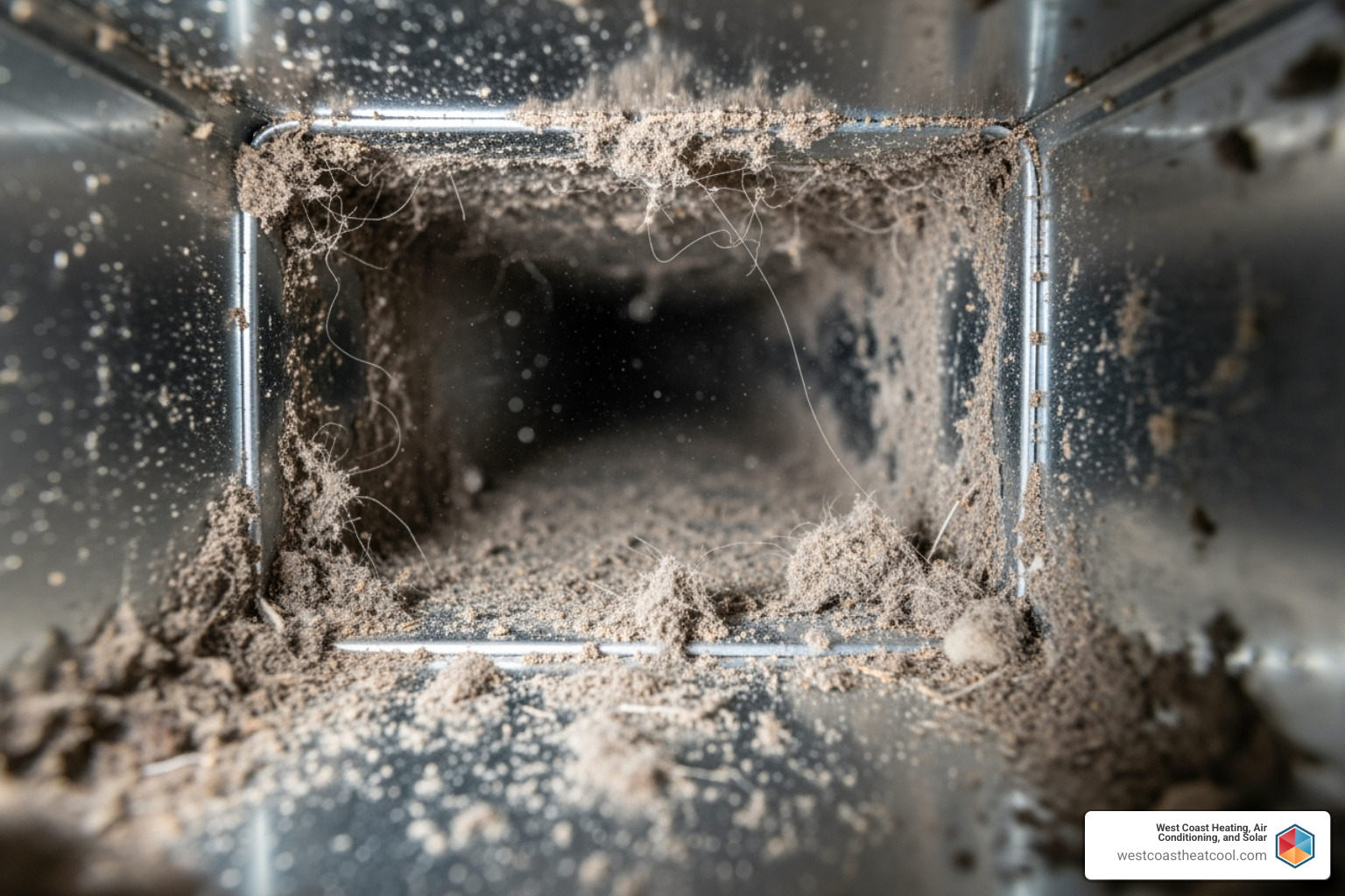 inside of a dirty air duct showing dust and debris buildup - remove allergens from ducts