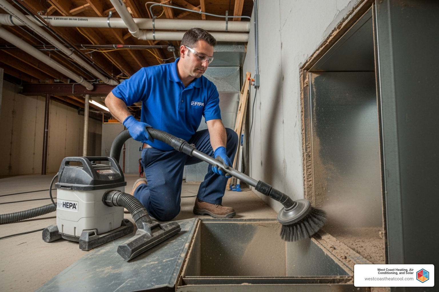 professional technician using a HEPA vacuum and brush system on an air duct - remove allergens from ducts