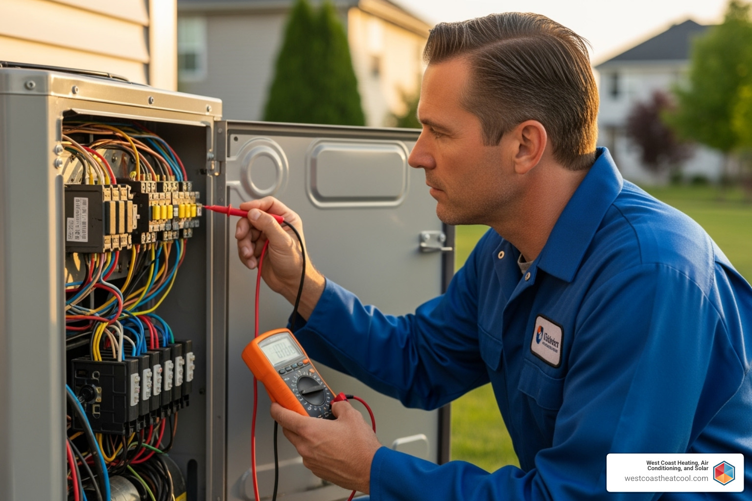 A professional technician inspecting an AC unit's wiring with a multimeter, ensuring proper electrical connections and diagnosing potential issues - AC circuit breaker tripped