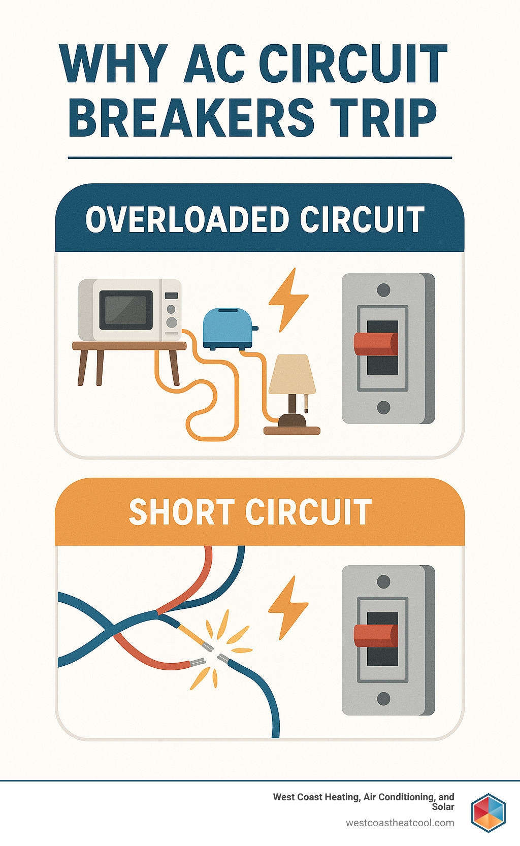 Infographic showing the difference between an overloaded circuit with too many appliances plugged in versus a short circuit with damaged wires touching, illustrating why AC circuit breakers trip and the electrical safety mechanisms that protect homes - AC circuit breaker tripped infographic