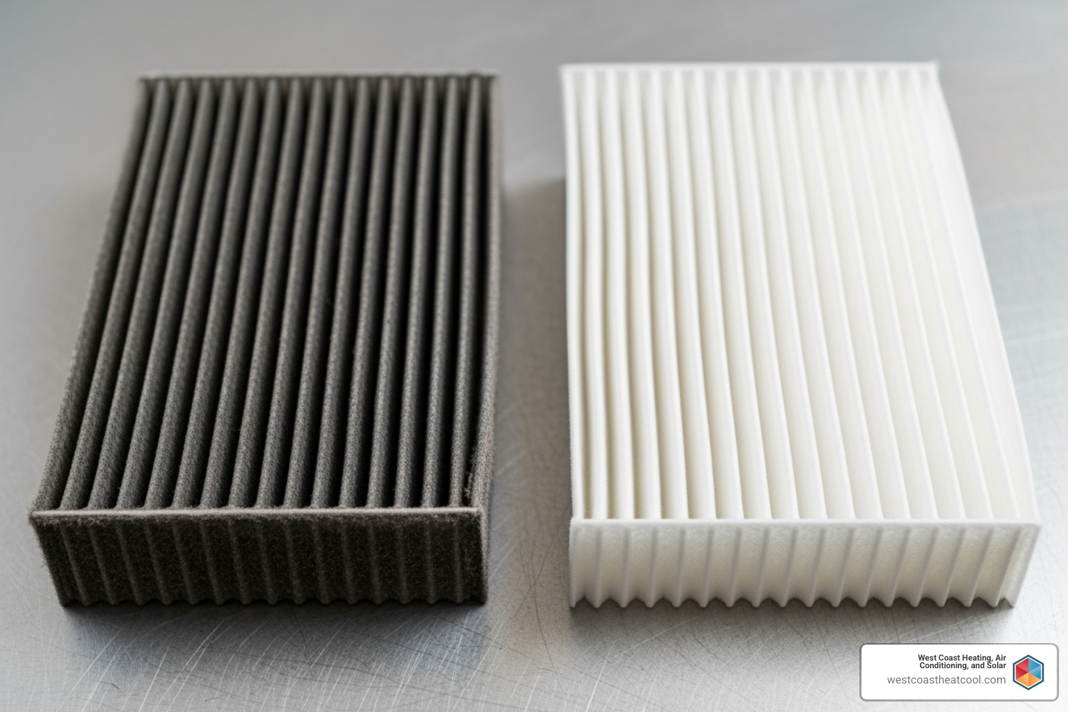 A dirty AC air filter next to a clean one, illustrating the difference and the importance of regular replacement - AC circuit breaker tripped
