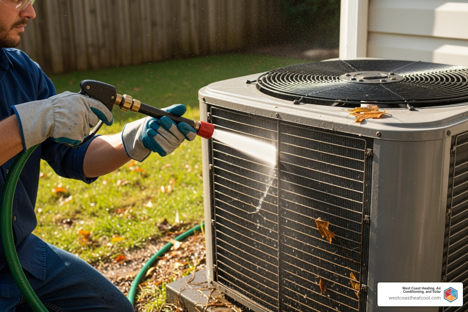 A technician cleaning an outdoor AC unit's condenser coils - ac repair escondido