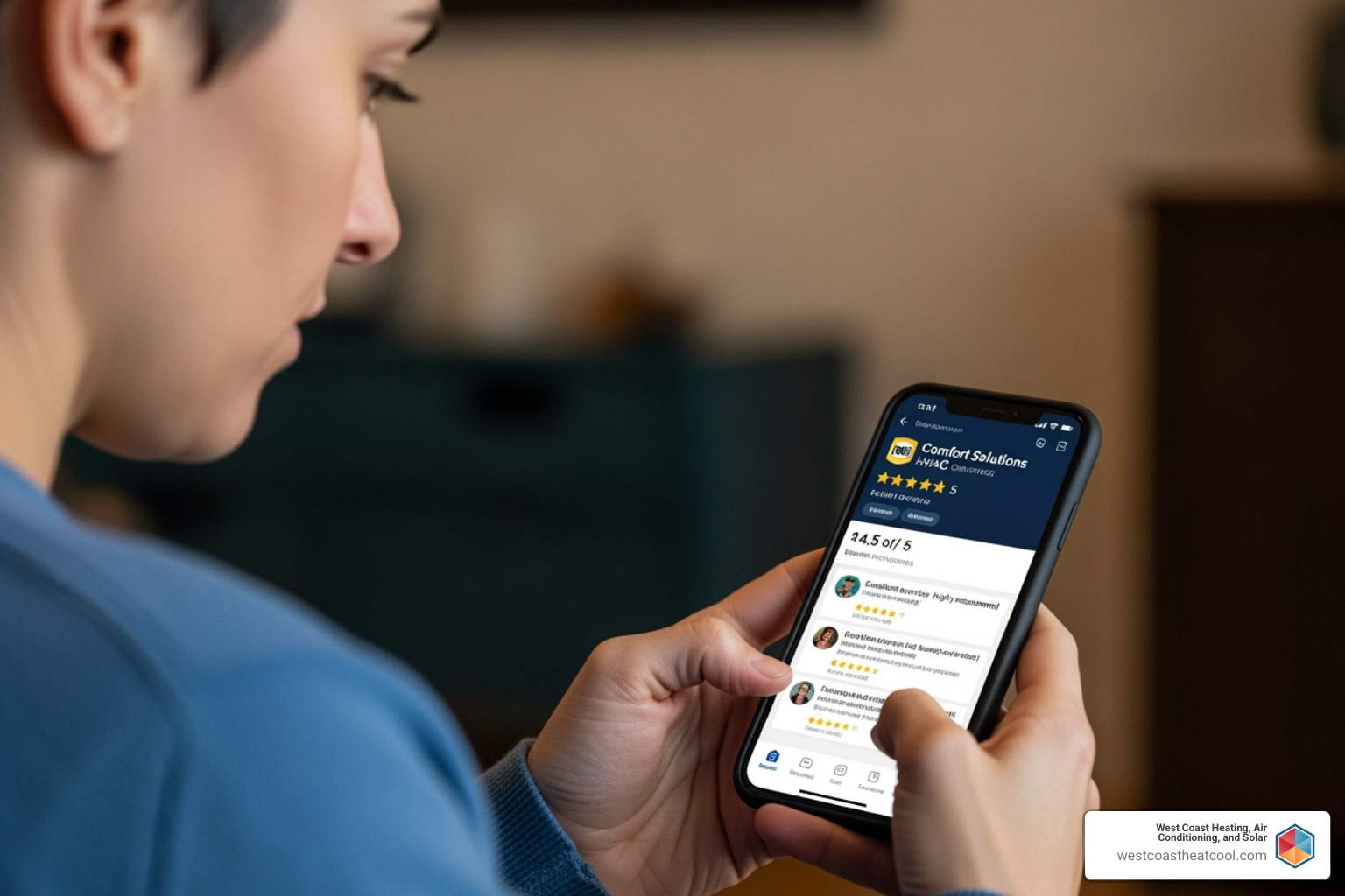 A person checking online reviews for an HVAC company on their smartphone - ac repair escondido
