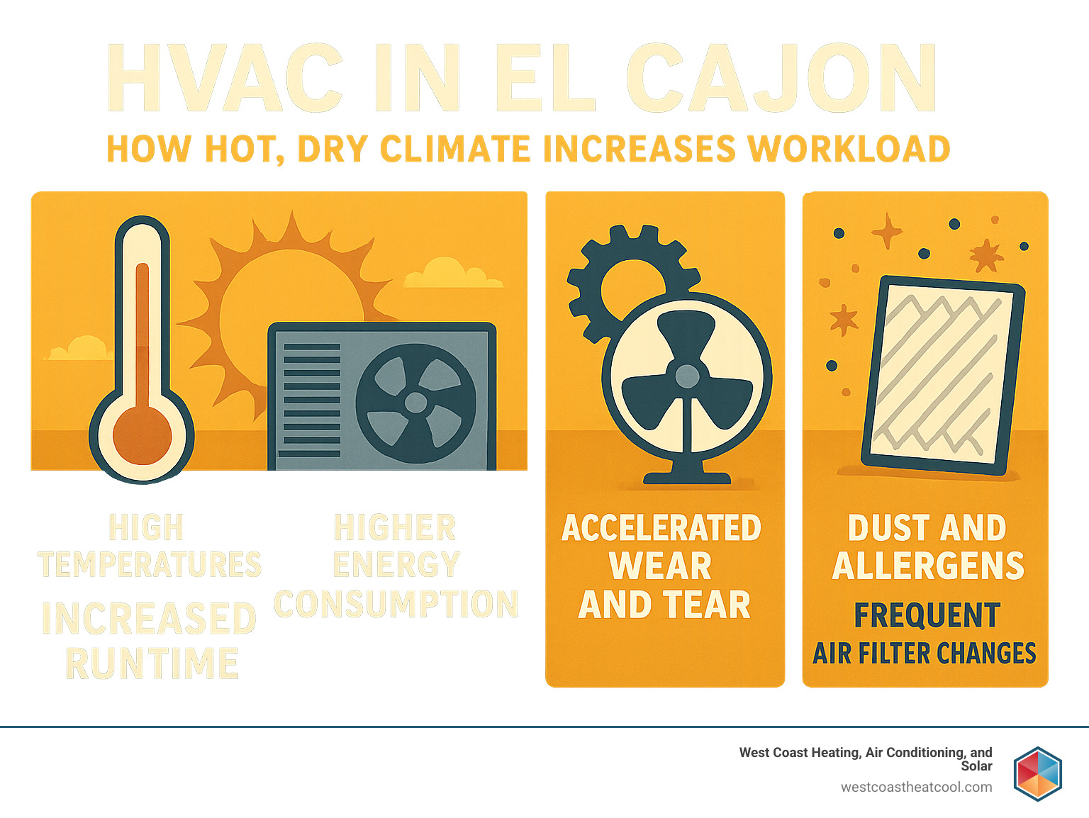 Infographic detailing how El Cajon's hot, dry climate impacts HVAC system workload, including increased runtime due to high temperatures, higher energy consumption for cooling, accelerated wear and tear on components, and the need for frequent air filter changes due to dust and allergens. - HVAC El Cajon infographic 