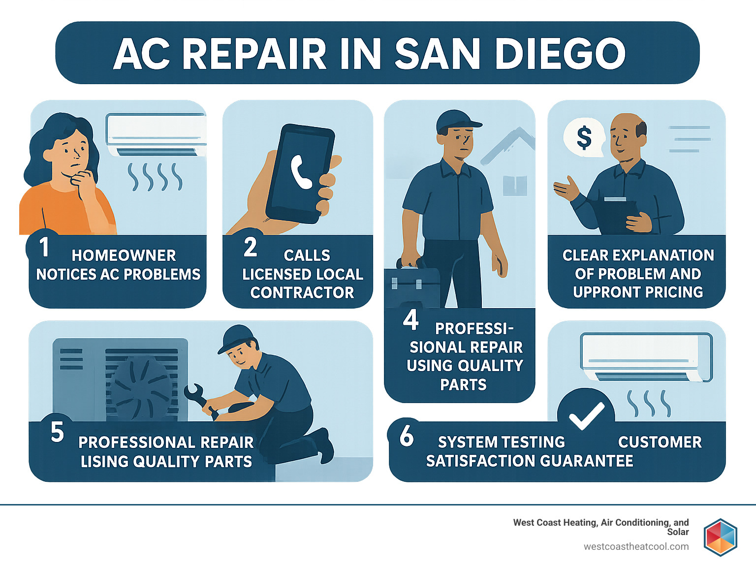 Comprehensive infographic showing the AC repair process in San Diego: 1) Homeowner notices AC problems like weak airflow or warm air, 2) Calls licensed local contractor, 3) Technician arrives for same-day diagnosis, 4) Clear explanation of problem and upfront pricing, 5) Professional repair using quality parts, 6) System testing and customer satisfaction guarantee - ac repair in san diego infographic 
