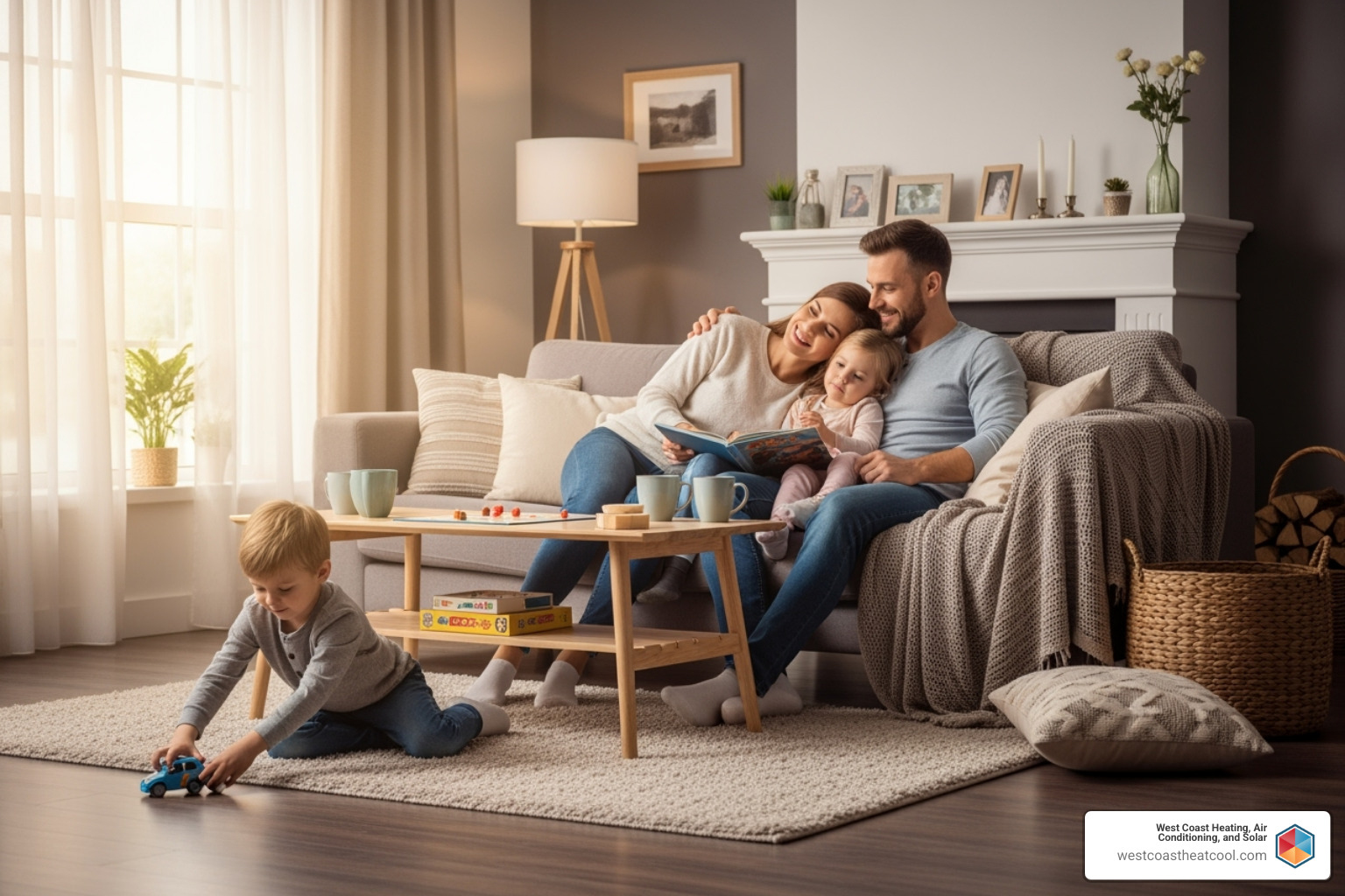 family enjoying comfortable living room - Preventative HVAC maintenance