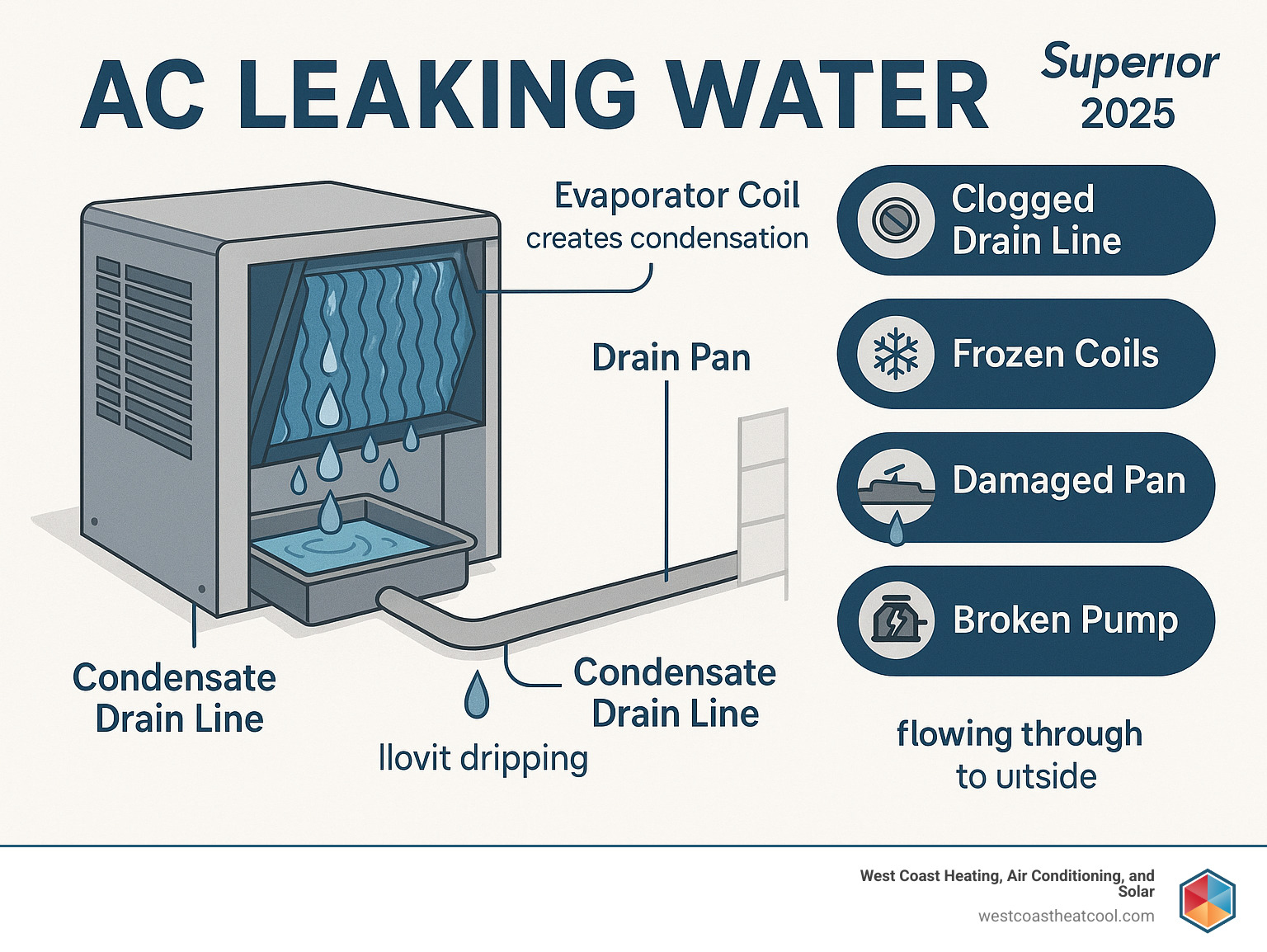 Infographic showing AC cooling process with evaporator coil creating condensation, water collecting in drain pan, flowing through condensate drain line to outside, with callouts showing where problems can occur: clogged drain line, frozen coils, damaged pan, and broken pump - AC leaking water infographic