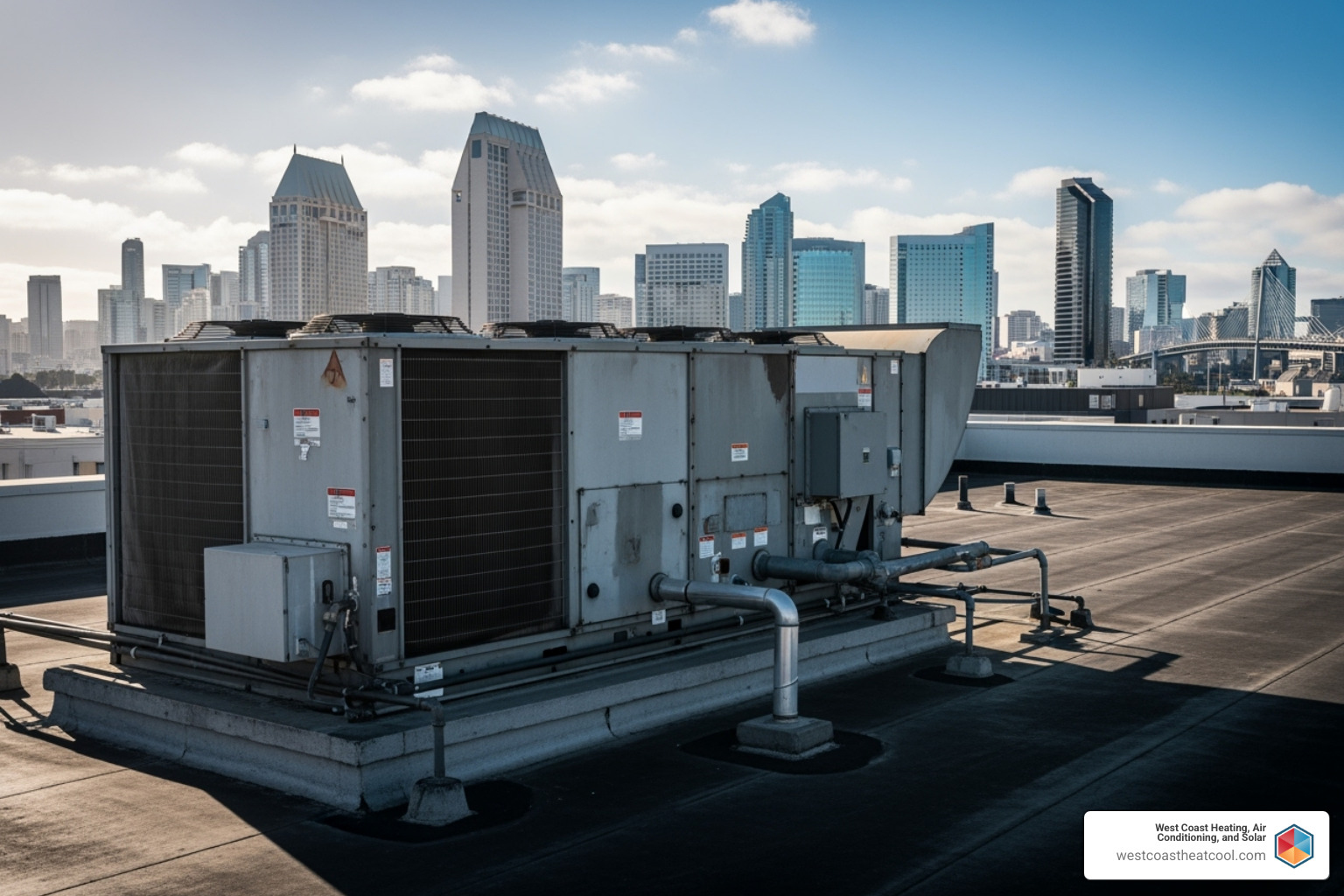 large commercial rooftop AC unit San Diego skyline - commercial ac install san diego