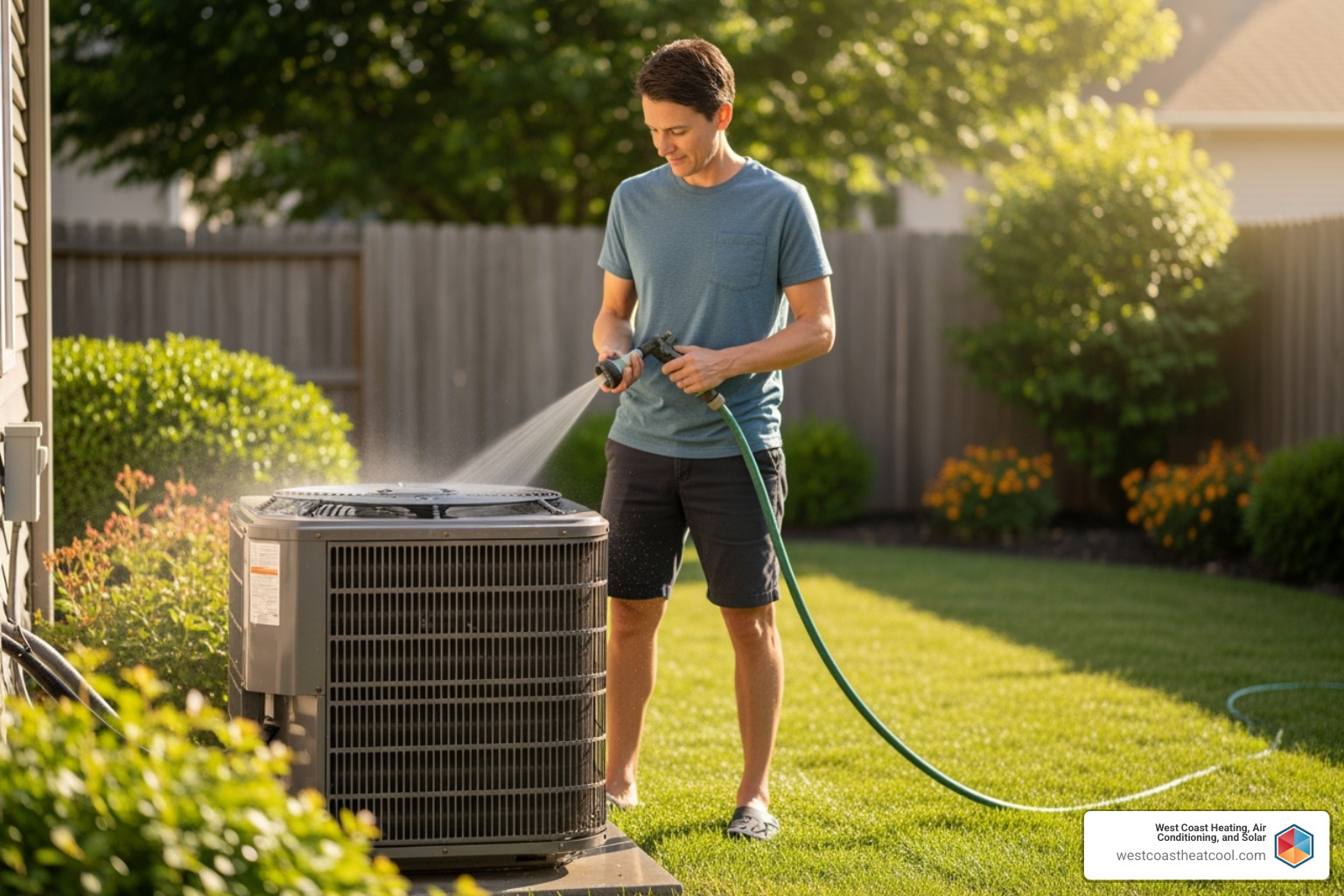 Homeowner gently hosing off an outdoor AC unit - ac not cooling escondido
