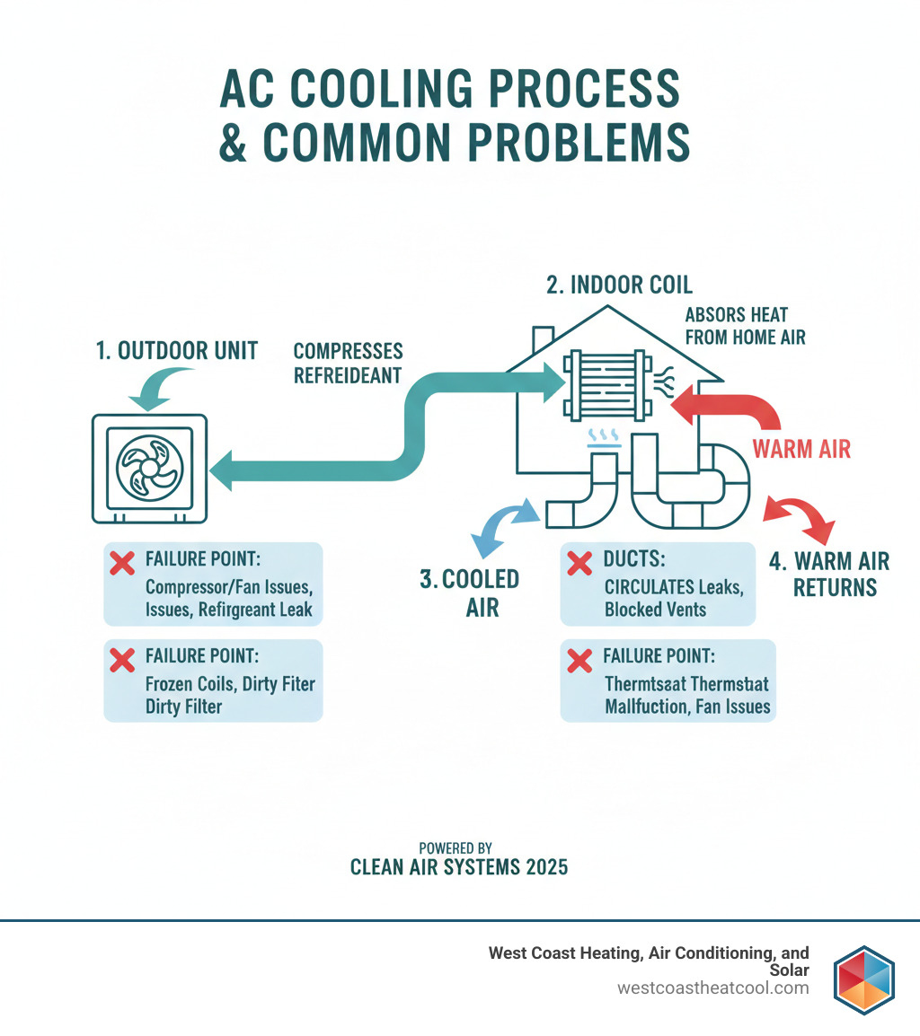 Infographic showing the basic AC cooling process: outdoor unit compresses refrigerant, indoor coil absorbs heat from home air, cooled air circulates through ducts, warm air returns to be cooled again - with common failure points marked at each stage - ac not cooling escondido infographic