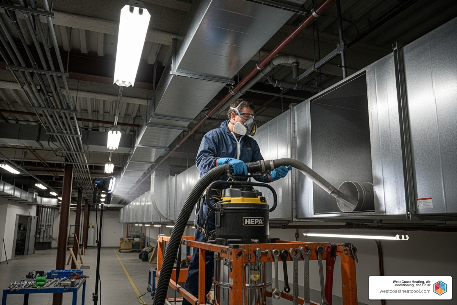 technician using HEPA-filtered vacuum on commercial duct system - air duct cleaning oceanside