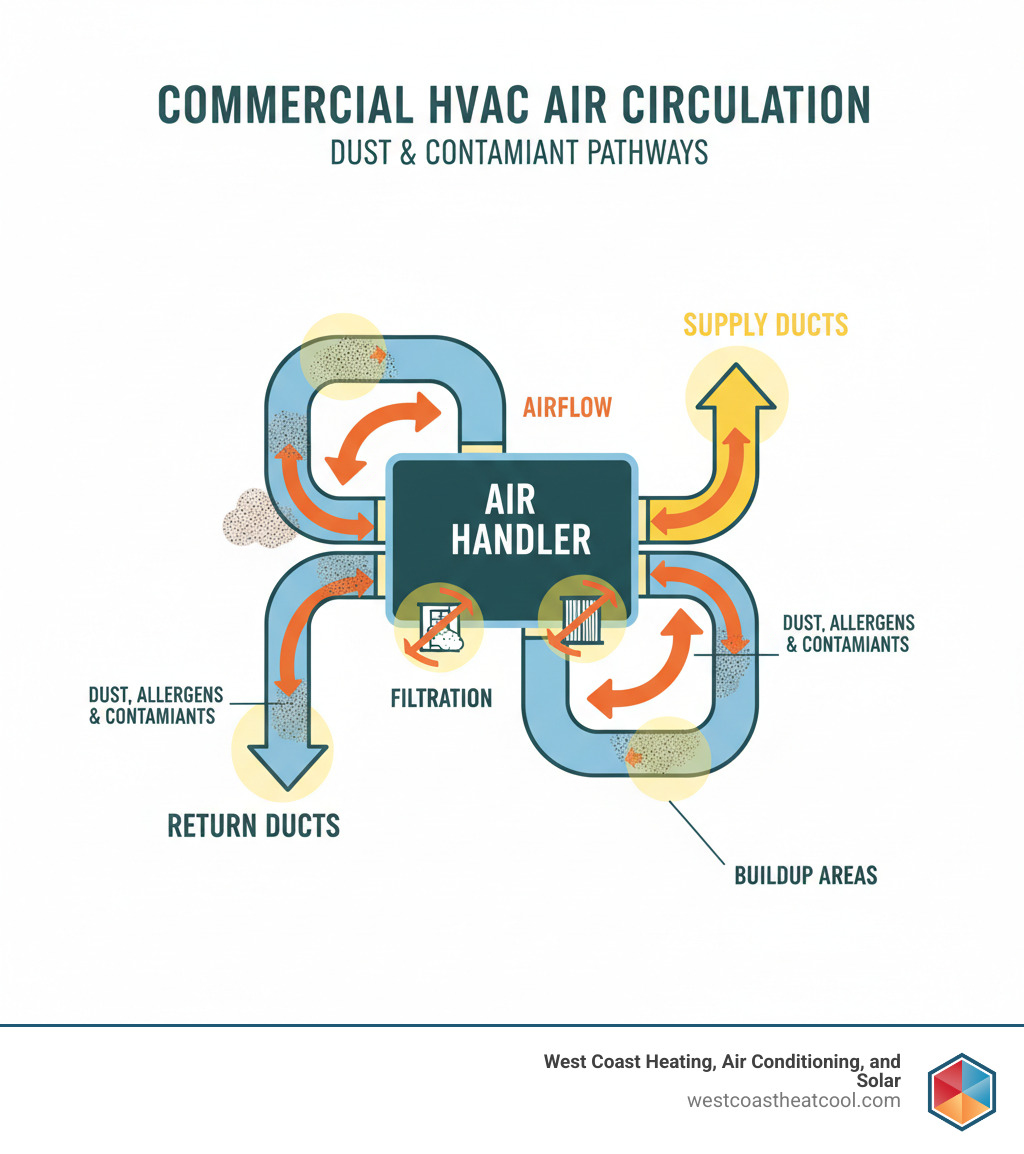 Infographic showing how dust, allergens, and contaminants circulate through a commercial HVAC system, with arrows indicating airflow patterns and buildup areas in supply ducts, return ducts, and air handlers - air duct cleaning oceanside infographic