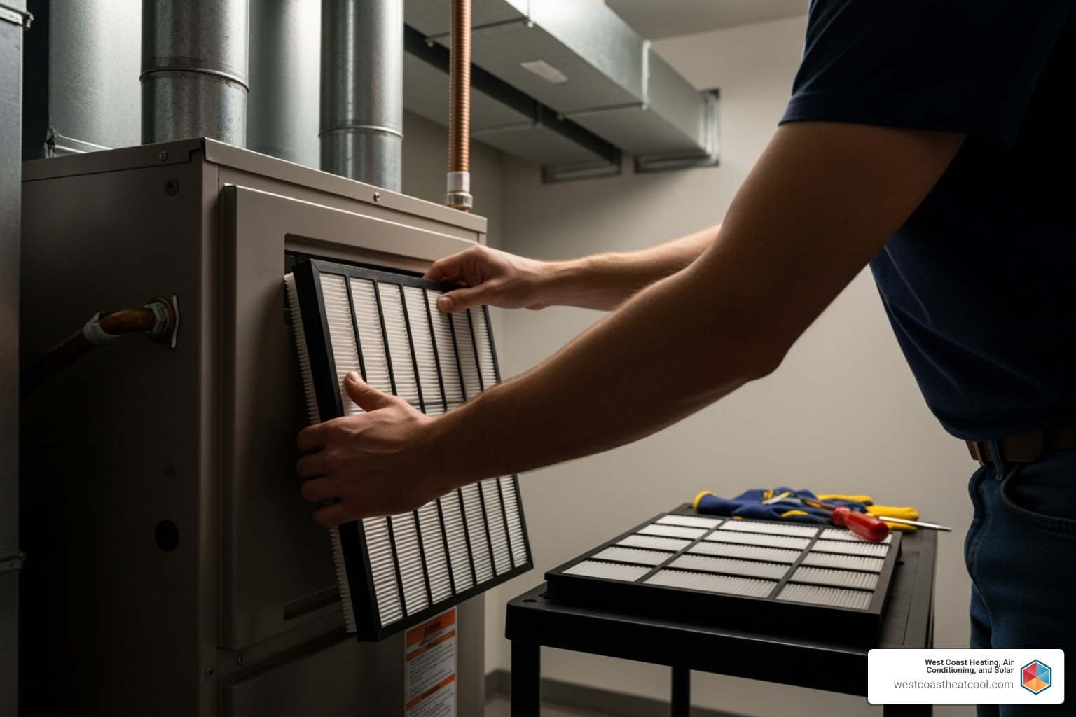 homeowner changing air filter - Preventative HVAC maintenance