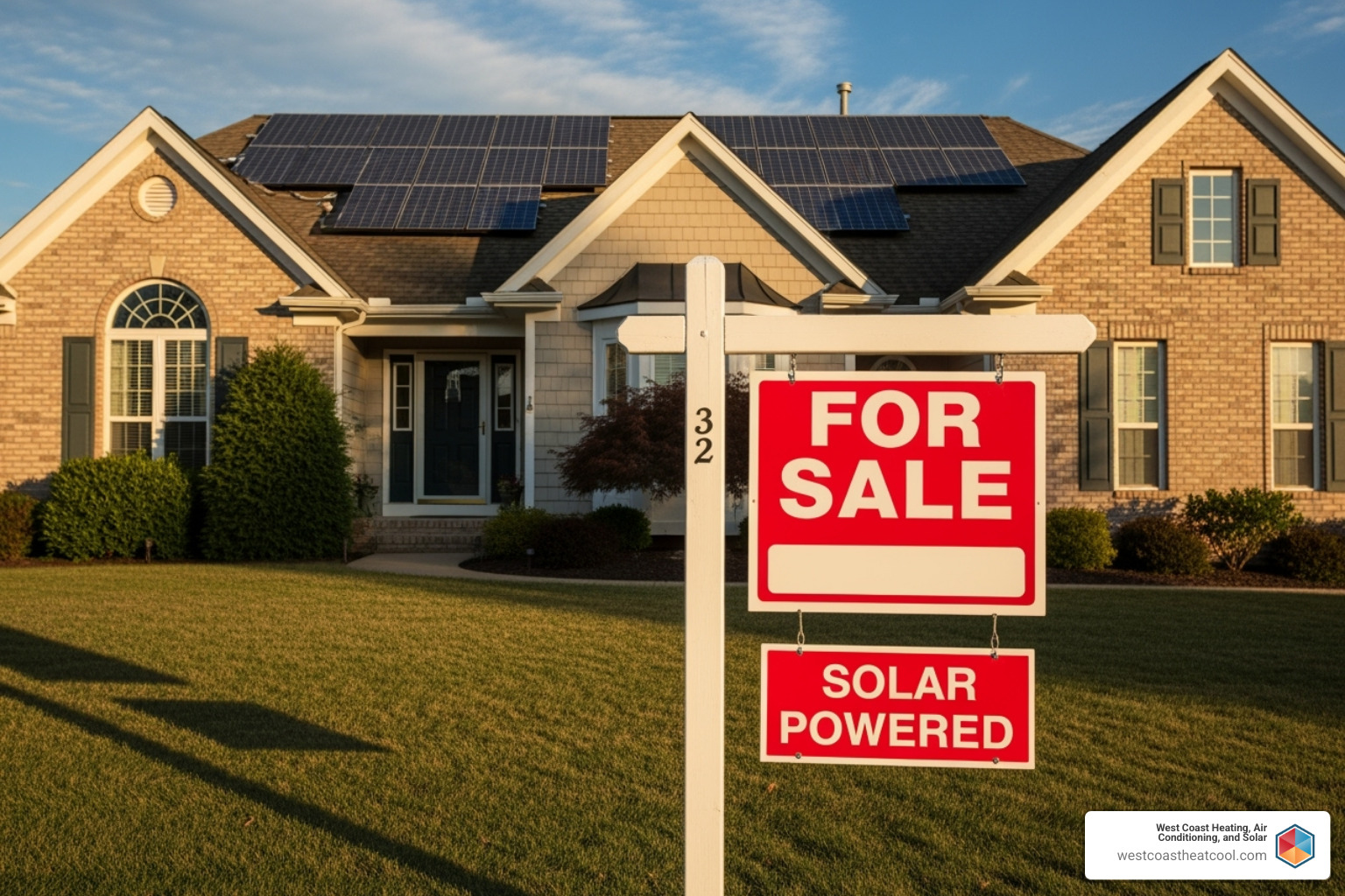Image of a house with a "For Sale" sign that has a "Solar Powered" rider on it - affordable solar installation oceanside