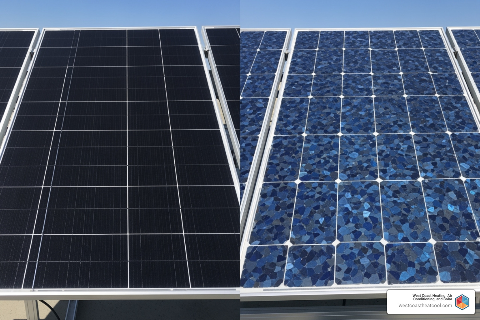 Image comparing the look of a monocrystalline panel vs. a polycrystalline panel - affordable solar installation oceanside