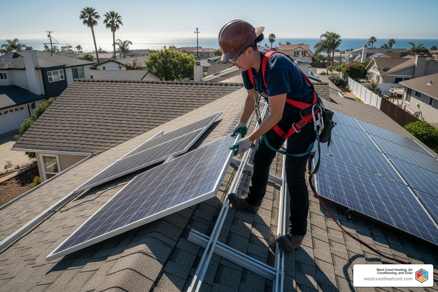 Certified solar technician safely installing a panel on a roof - affordable solar installation oceanside