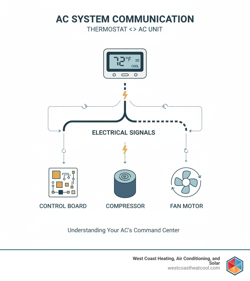 Infographic showing how a thermostat communicates with AC unit components including the control board, compressor, and fan motor through electrical signals - AC thermostat not working infographic 