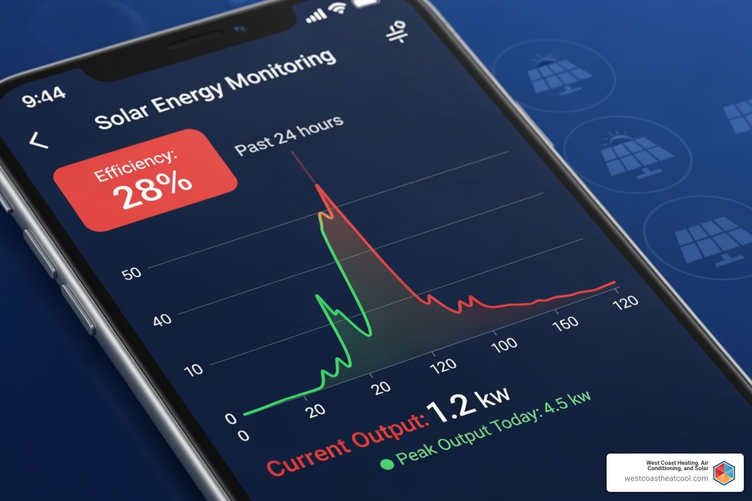 solar monitoring app on a smartphone showing a performance drop - Solar maintenance services